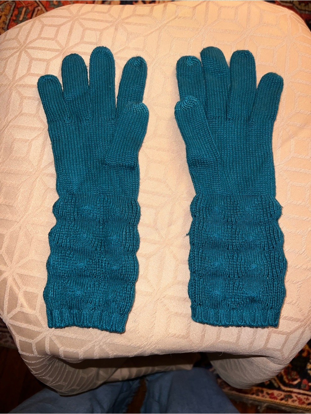 Echo Teal Long Knit Gloves with Cable Detail
